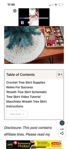 an image of a table with some pictures on it and the text below reads, table of contents crochet tree skirt supplies