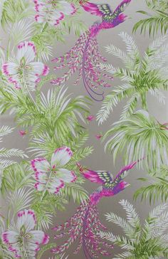 Sample Bird Of Paradise Wallpaper in green and purple from the Samana Collection by Matthew Williamson Bird Of Paradise Wallpaper, Paradise Wallpaper, Green Lamp Shade, L Wallpaper, Green Lamp, Trellis Design, Floral Damask, Wallpaper Collection, Bird Of Paradise