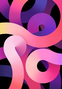 an abstract background with pink, purple and blue shapes on black paper in the shape of spirals