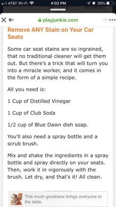 an app showing how to remove any stain on your car seat and the instructions for cleaning it