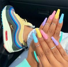 Nails And Rings, Multicolored Nails, Nails Orange, Nails Acrylic Coffin, Cute Acrylic Nail Designs, Summer Nail Art, Easter Nails