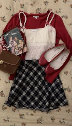 Red White And Blue Outfits Aesthetic, Red Coquette Fashion, Red Outfit Coquette, Coquette Christmas Outfit, Little Women Outfit, Red Coquette Outfit, Red Ootd, Coquette Red, Clothing Closet