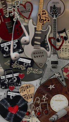 an assortment of musical instruments are arranged in a collage with music notes and hearts