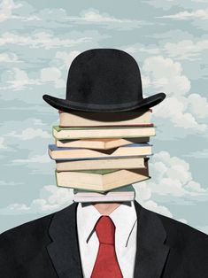 a man in a suit and tie with stacks of books on his face as if he was reading