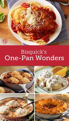 a collage of photos with different types of food on it and the words bisquick's one - pan wonders