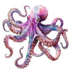 an octopus is painted in purple, blue and pink colors with watercolors on it's body