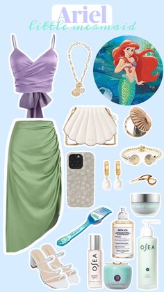 the little mermaid costume is shown with accessories and items for her character's role