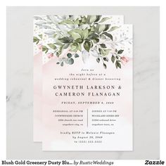 an elegant wedding card with watercolor flowers and greenery on the front, in pink