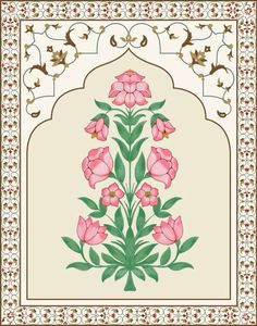 a painting with pink flowers and green leaves on the side of a white wallpaper