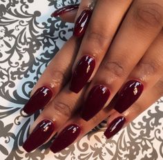 Birthday Nails Dark Colors, Dark Red Press On Nails, Wine Red Acrylic Nails Coffin Short, Coffin Dark Red Nails, Dark Red Ballerina Nails, Dark Red Coffin Acrylic Nails, Dark Red Nails Coffin, Dark Red Coffin Nails, Dark Red Square Nails