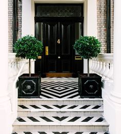 two potted plants sit on the front steps of a house with black and white tiles