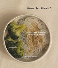 broccoli and noodles in a white bowl with the words dinner for 50 koral