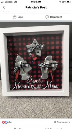 two framed pictures in a white frame with red and black plaid ribbon on them, one is