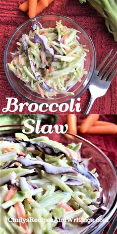 broccoli slaw in a glass bowl with carrots and celery