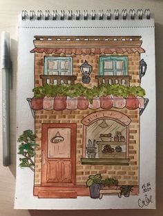 a drawing of a brick building with potted plants