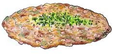 a drawing of a piece of food with lots of green stuff on top of it