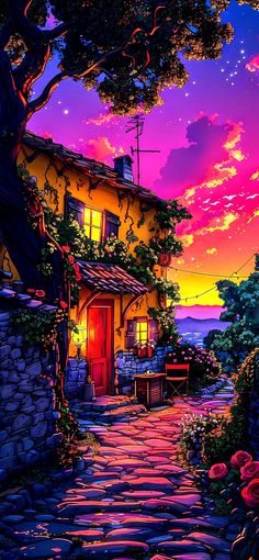 a painting of a house at night with the sun setting in the sky and flowers on the ground