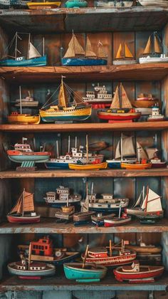 a shelf filled with lots of different types of boats on top of wooden shelves next to each other