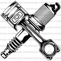 a black and white drawing of a wrench and cranks on a white background