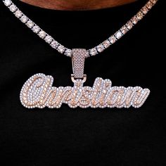 Introducing the Custom Two-Tone Script Font, a fully iced out personalized pendant just for you. Crafted in 14k Rose and White Gold, this exclusive piece is flooded in hand-set stones and offered in two different bail styles- regular and heart. Create a unique word or phrase, and pair it with an iced chain of your choi Iced Chain, Font A, Personalized Pendant, Custom Pendants, Unique Words, Vermeil Jewelry, Custom Earrings, Script Font, Pendant Bracelet