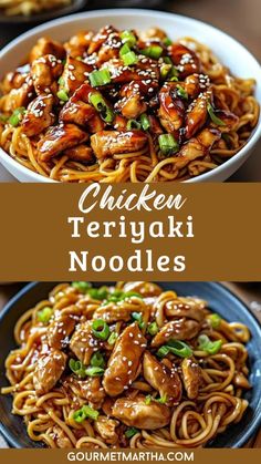 chicken teriyaki noodles with sesame seeds and green onions