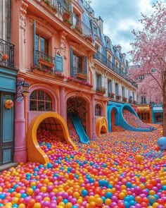 an inflatable playground with lots of balls on the ground next to a building