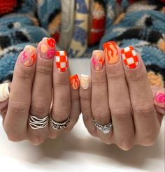 Scottsdale Nail Ideas, Fun Mail Designs, Pitbull Concert Nails, Western Beach Nails, State Fair Nails, Car Show Nails, Orange Checkered Nails, Western Acrylics, Different Design Nails