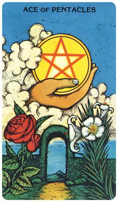 an ace of pentacles playing card with flowers