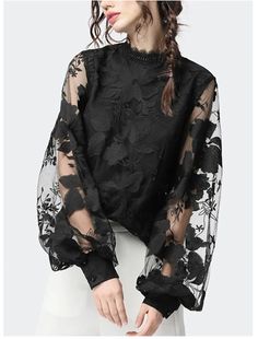 Women's Shirt Blouse Black Floral Lace Patchwork Long Sleeve Daily Weekend Streetwear Casual Round Neck Regular Lantern Sleeve S 2023 - CAD $66.19 Long Sleeve Womens Tops, Lace Clothing, Digital Wardrobe, Pinterest Ideas, Fig Leaves, Round Neck Shirt, Idea Board, Elegant Blouses, Feel Pretty