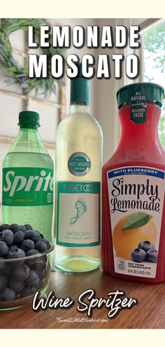 This image shows the ingredients needed to make the spritzer - a bottle of sprite, a bottle of Moscato and a bottle of lemonade. There is also a bowl of fresh blueberries. Drink Recipes With Wine, Easy Liquor Drinks, Drinks With Moscato Wine, Moscato Cocktail Recipes, Easy Wine Cocktails, Lemonade Punch Alcohol, Lemonade Drinks With Alcohol, Easy Fruity Mixed Drinks, Cocktails With Lemonade