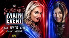 two women are standing next to each other in front of the main event sign with neon lights