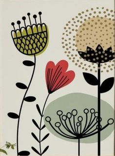 an art print with flowers and dots on the background in a wooden frame, hanging on a wall