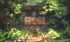 a digital painting of a train going through the woods with trees and bushes around it