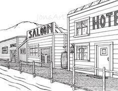 an ink drawing of the saloon hotel