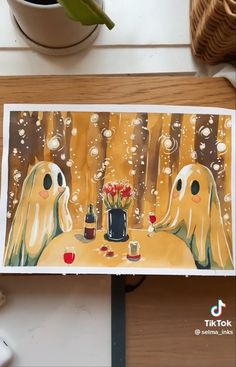 a painting of two dogs sitting at a table