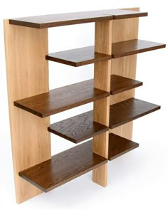 a wooden shelf that has several shelves on it