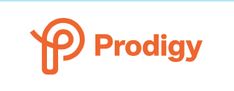 the logo for prodigy is shown in orange and blue colors on a white background