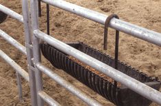 an animal feeding trough in the sand with metal bars and dividers on it's sides