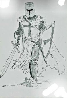 a drawing of a knight holding two swords