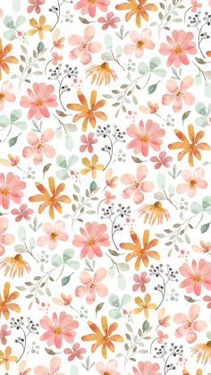 an abstract floral pattern with pink, yellow and green flowers on a white background for wallpaper