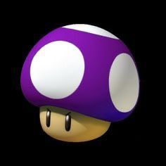 a purple mushroom with white spots on it's face and eyes, standing in front of a white background