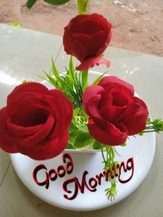 three red roses in a white bowl with the words good morning