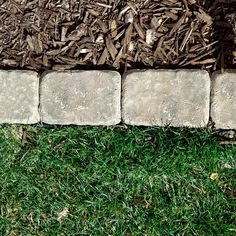 the grass is green and brown next to some bricks in front of a wall with wood chips on it