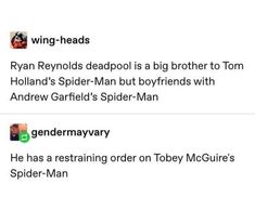 two tweets with the same caption on them, one says wing - heads ryan reynolds deadpool is a big brother to tom holland's spider - man but boyfriend