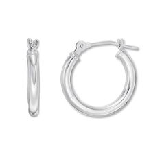 A smooth finish imbues timeless appeal to these 14K white gold hoop earrings for her. The earrings secure with snap-lock backs. Classic White Gold Huggie Earrings, Classic White Gold Sterling Silver Huggie Earrings, Classic White Gold Huggie Earrings For Formal Events, Classic Sterling Silver Huggie Earrings, Classic Sterling Silver Hoop Earrings For Formal Events, Timeless Small Hoop Sterling Silver Earrings, Classic Polished Huggie Earrings For Formal Occasions, Classic Round Huggie Earrings, Classic White Gold Hoop Earrings For Anniversary