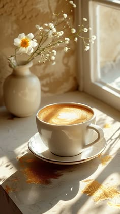 a cup of coffee sitting on top of a saucer next to a vase with flowers