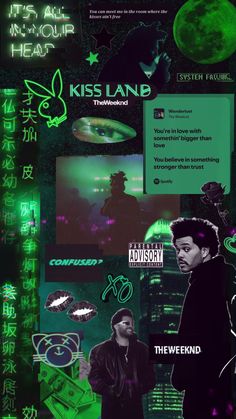 the poster for kiss land is shown with green and black images, including an image of a