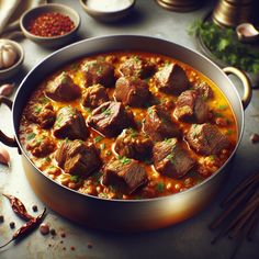 a pot filled with meat and sauce on top of a table