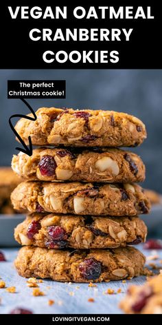 vegan oatmeal cranberry cookies stacked on top of each other