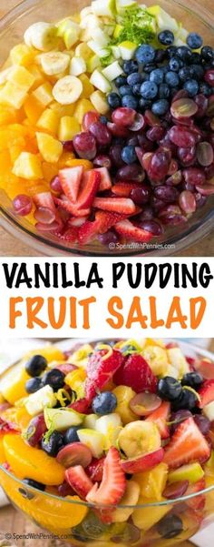 fruit salad in a glass bowl with the words vanilla pudding on top and below it